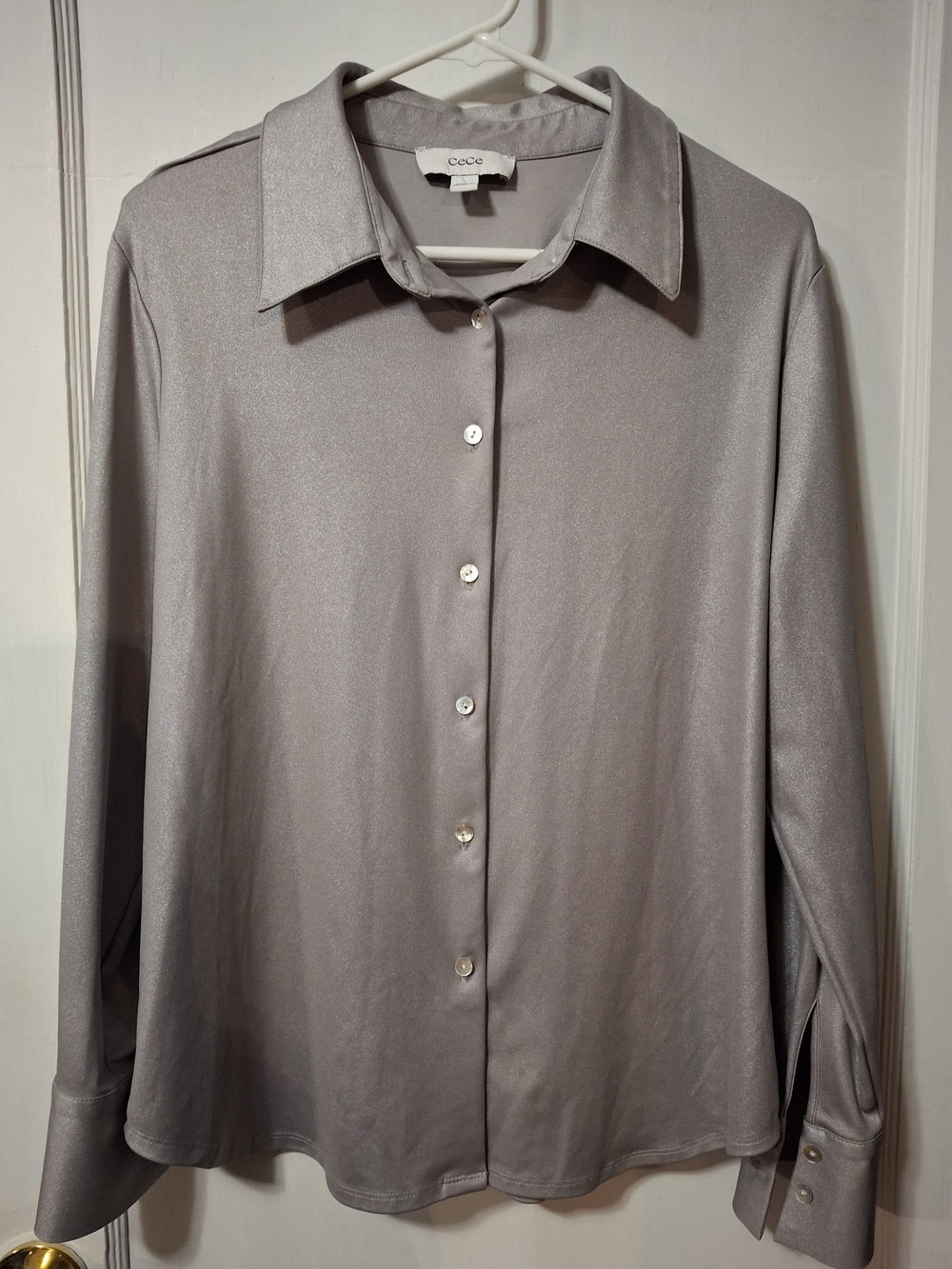 CeCe Shimmery Silver-Gray Button Front Dress Shirt